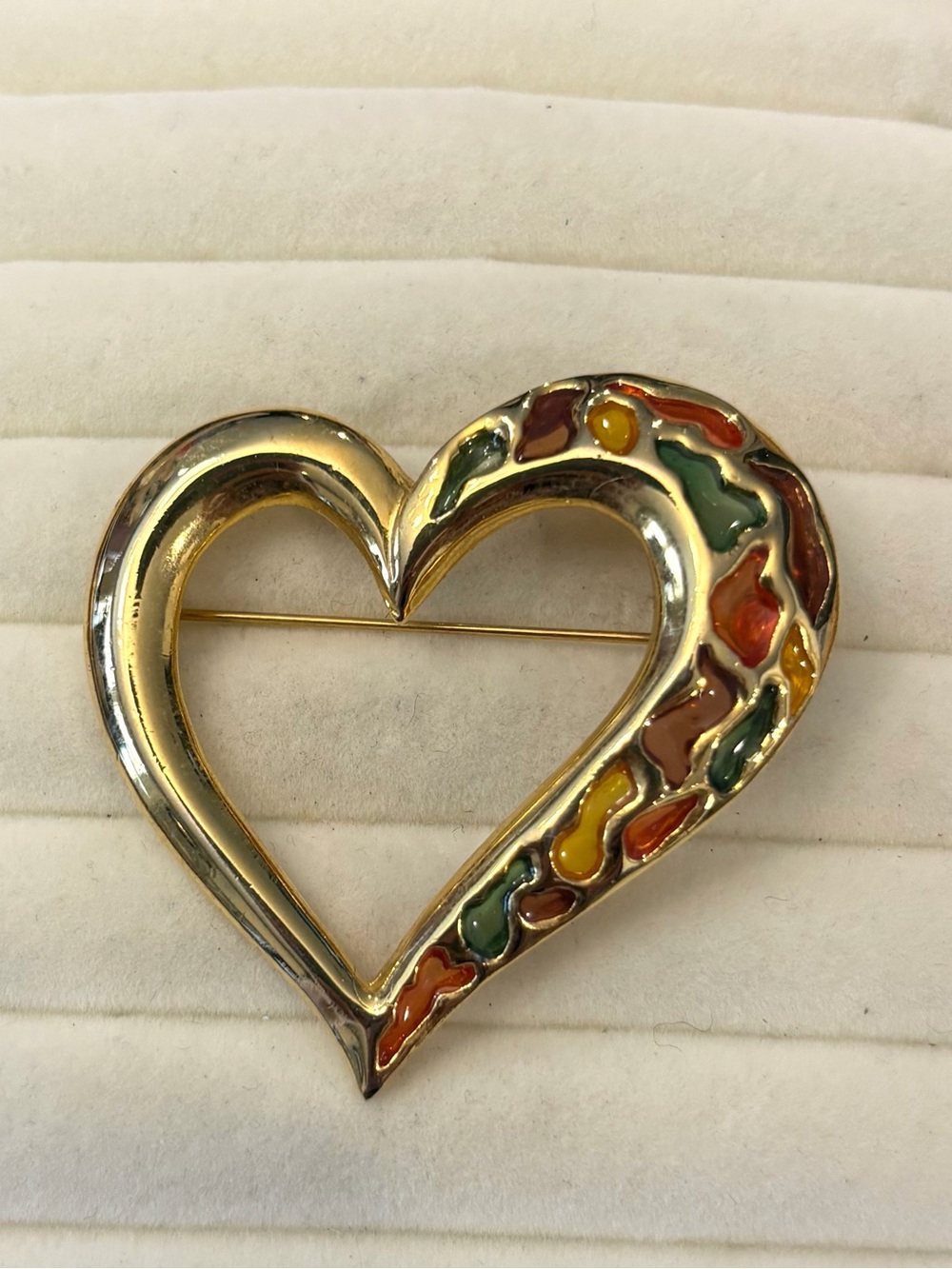 Vintage Plique a Jour Enamel Heart Brooch Museum Stained Glass Style Pin Gold